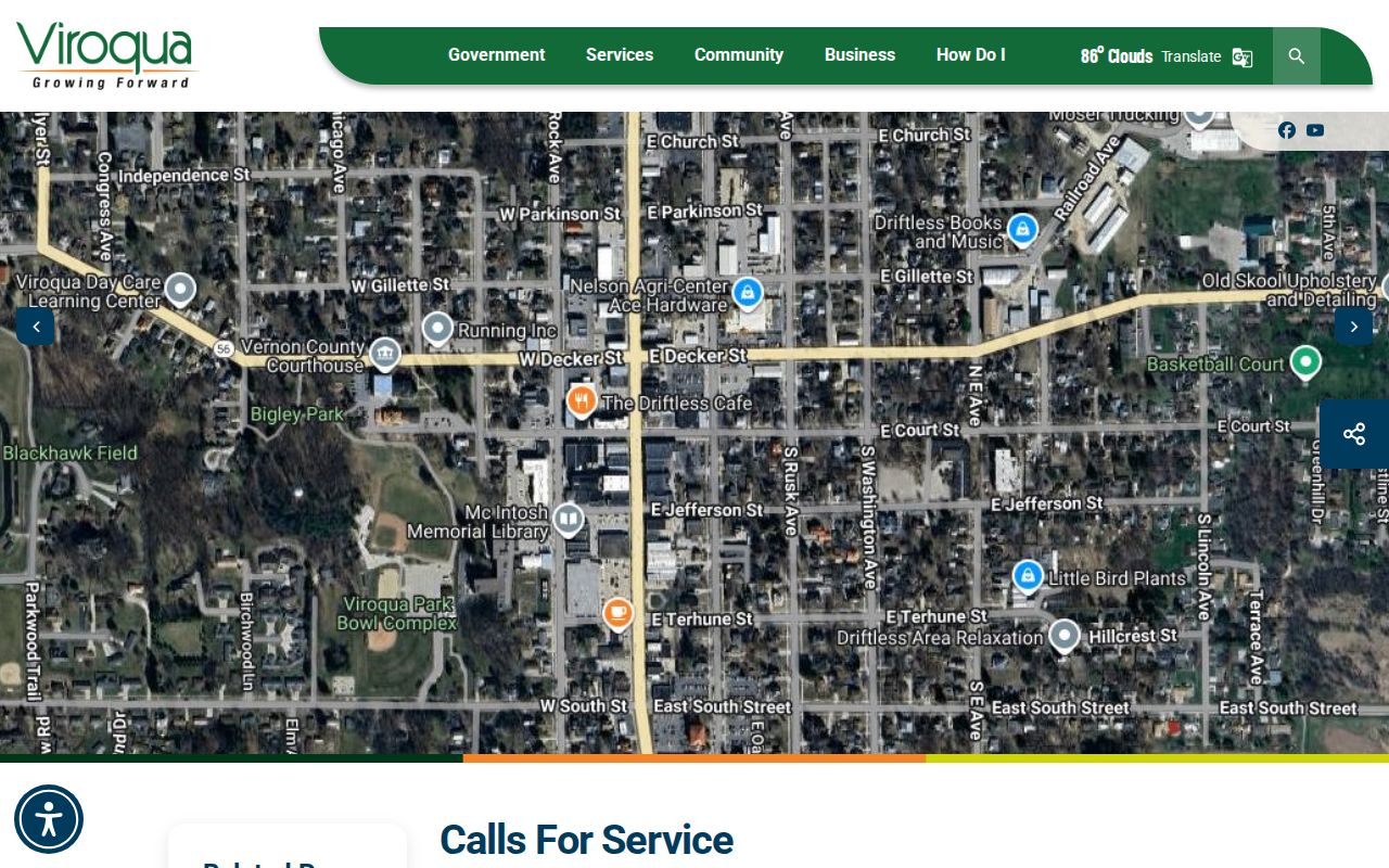 Viroqua Police Department Calls for Service page showing aggregate police activity reports